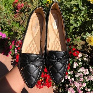 Stella Black Quilted Bow Pointed Toe Flats Womens